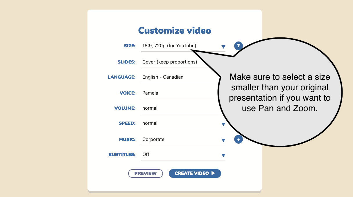 Select the video format for Ken Burns style animations