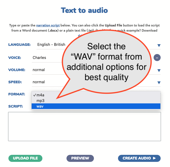 Create WAV text to speech files