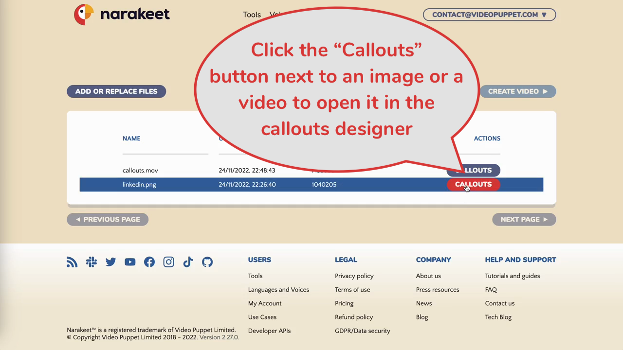 Narakeet project file images and videos have a callouts button