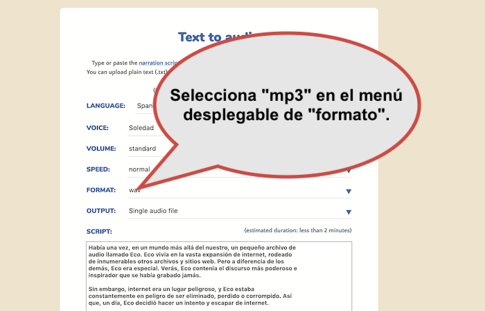 Las opciones adicionales muestran el formato de texto a voz MP3.