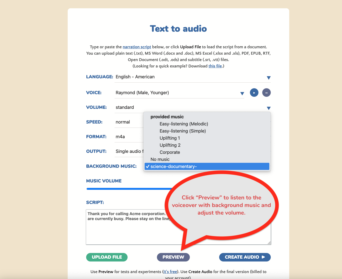 Test the volume levels using previews