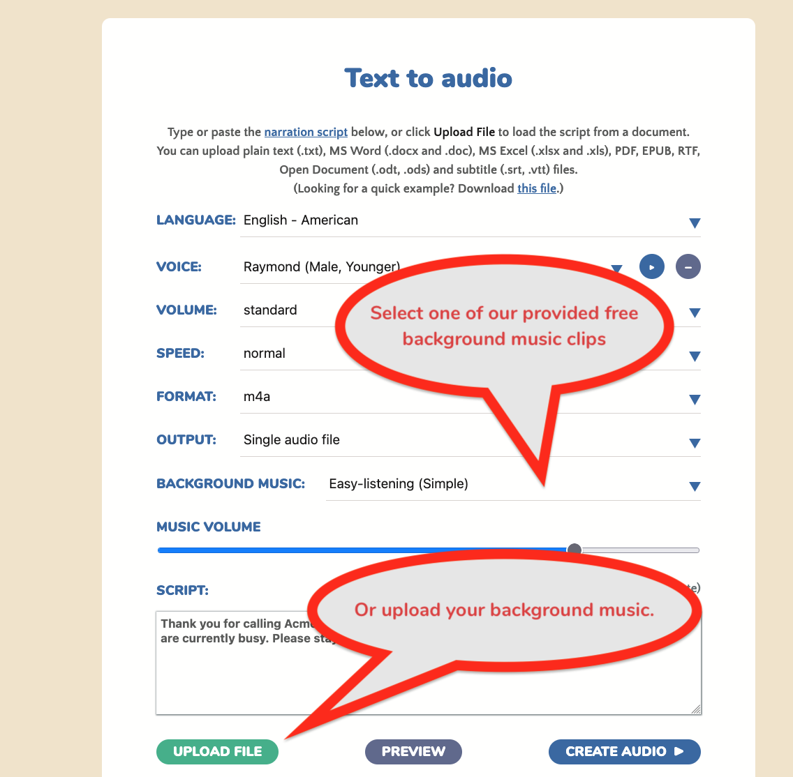 Choose background audio from the Background Music box, or upload your own