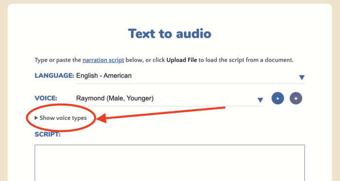 Klik Show Voice Types untuk menemukan suara robot dengan cepat Klik Show Voice Types untuk menemukan suara robot dengan cepat