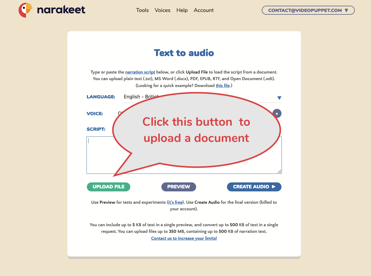 Upload a document to the Text to audio tool