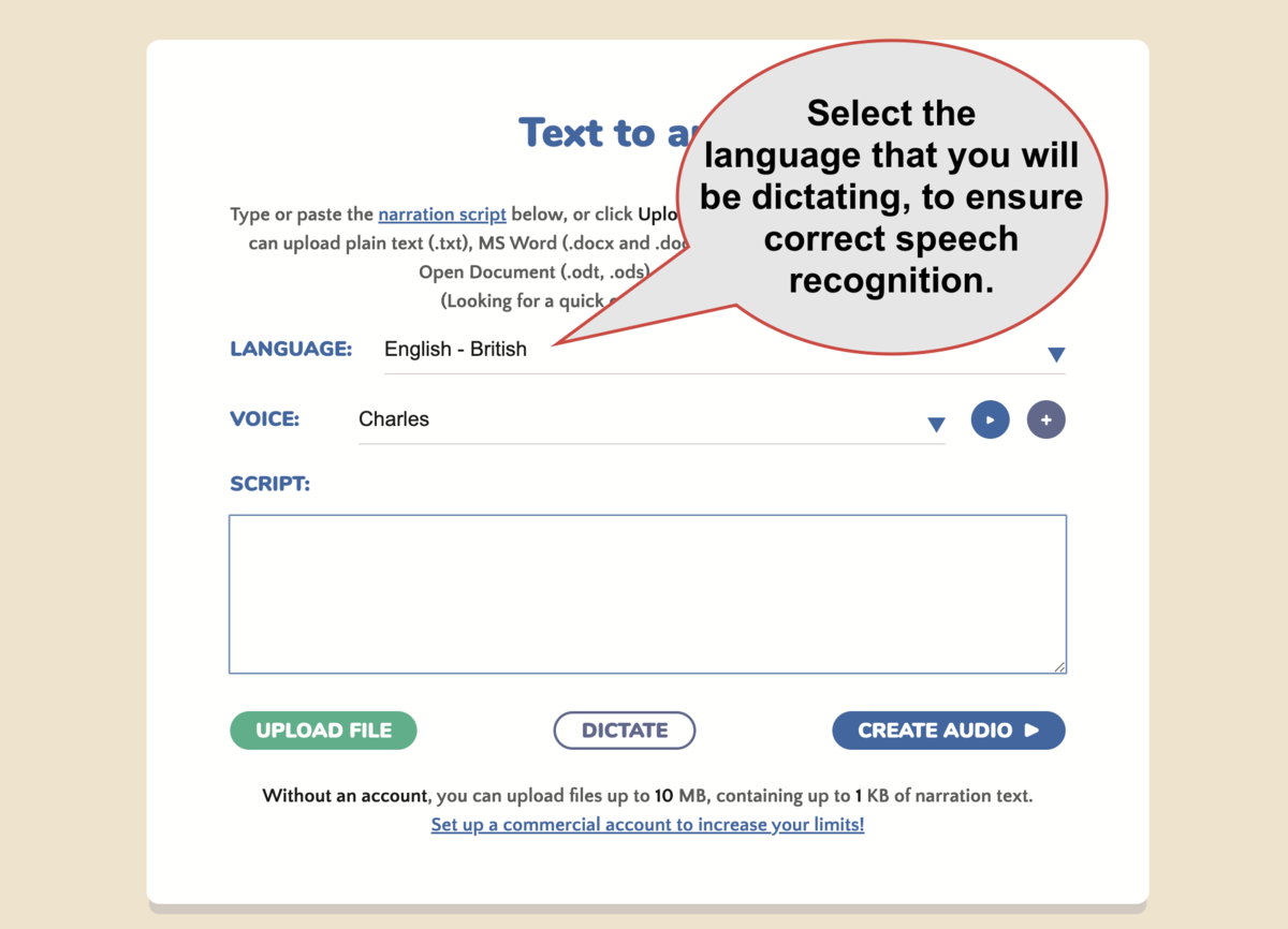 Select the language that you will be using for dictation and speech to text conversion.