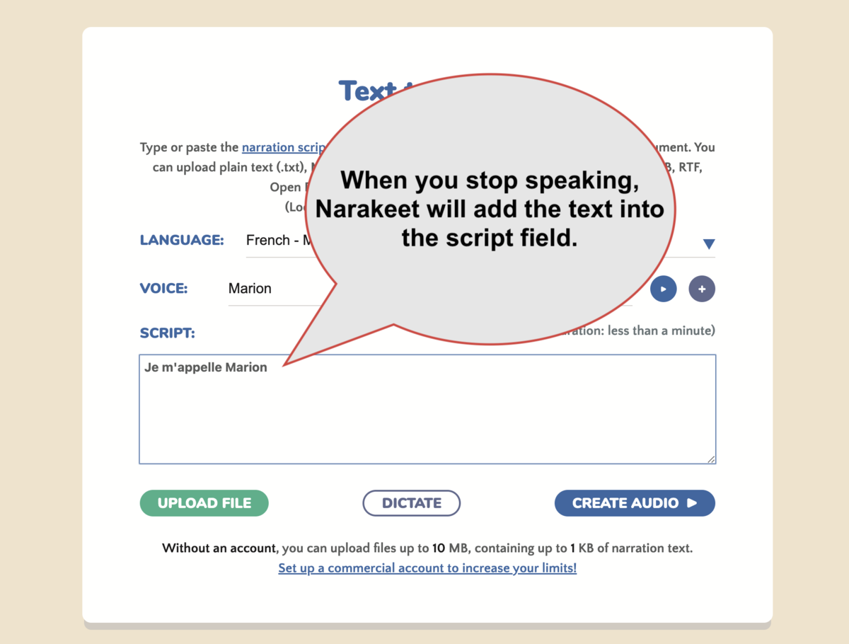 When you stop dictating, Narakeet will convert speech to text and add the text into the script field.